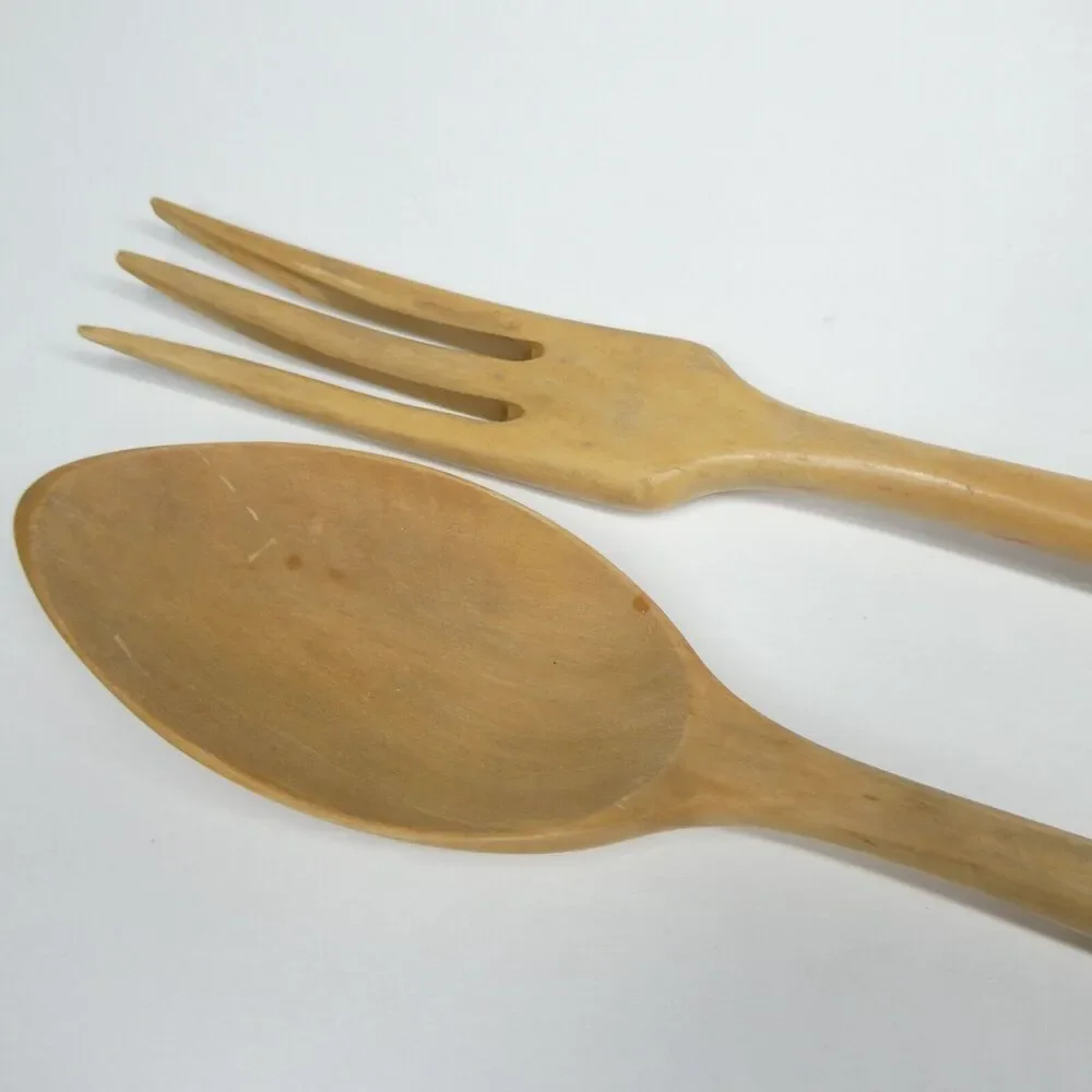 Wooden Salad Serving Set Fork & Spoon Silver Overlay Filigree Handle Vintage MCM